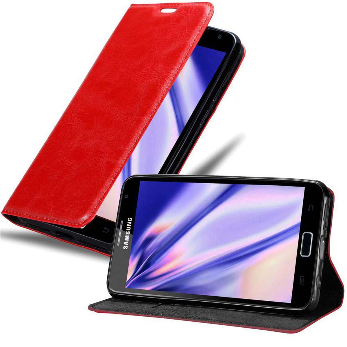 Custodia per telefono rossa, aperta per rivelare un telefono. Un altro telefono e custodia sono mostrati sotto.