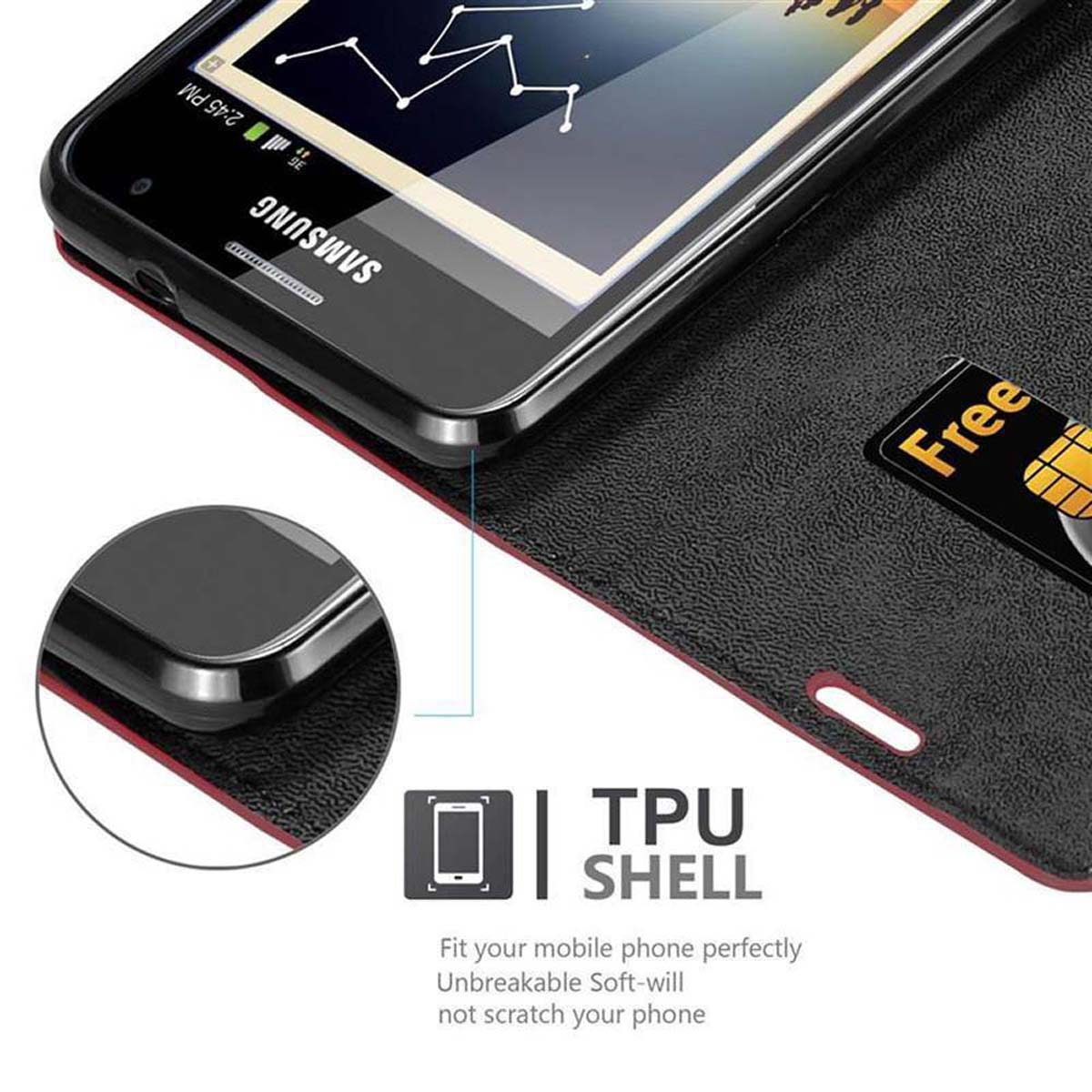 Un telefono in una custodia nera mostra uno schermo. C'è una carta nella custodia. Testo: 'TPU SHELL'. Il telefono dice SAMSUNG.