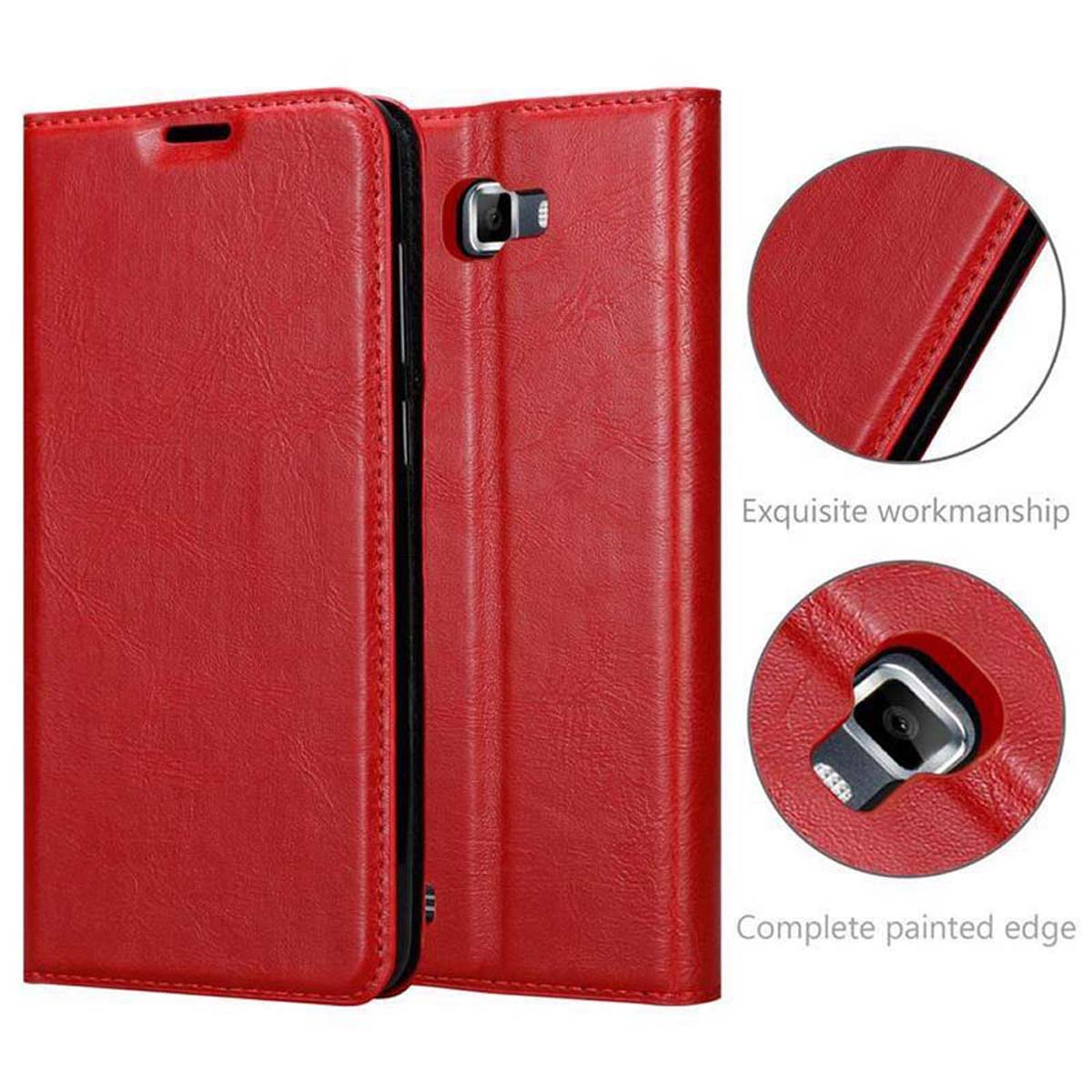 Custodia per telefono rossa, aperta, con dettagli della fotocamera e del bordo. Testo: Lavorazione.