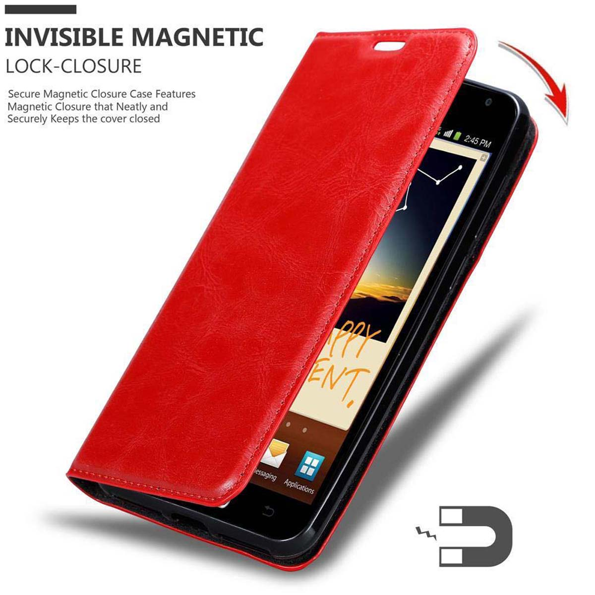 Custodia rossa per telefono aperta, che rivela il telefono. Testo: Chiusura magnetica invisibile.