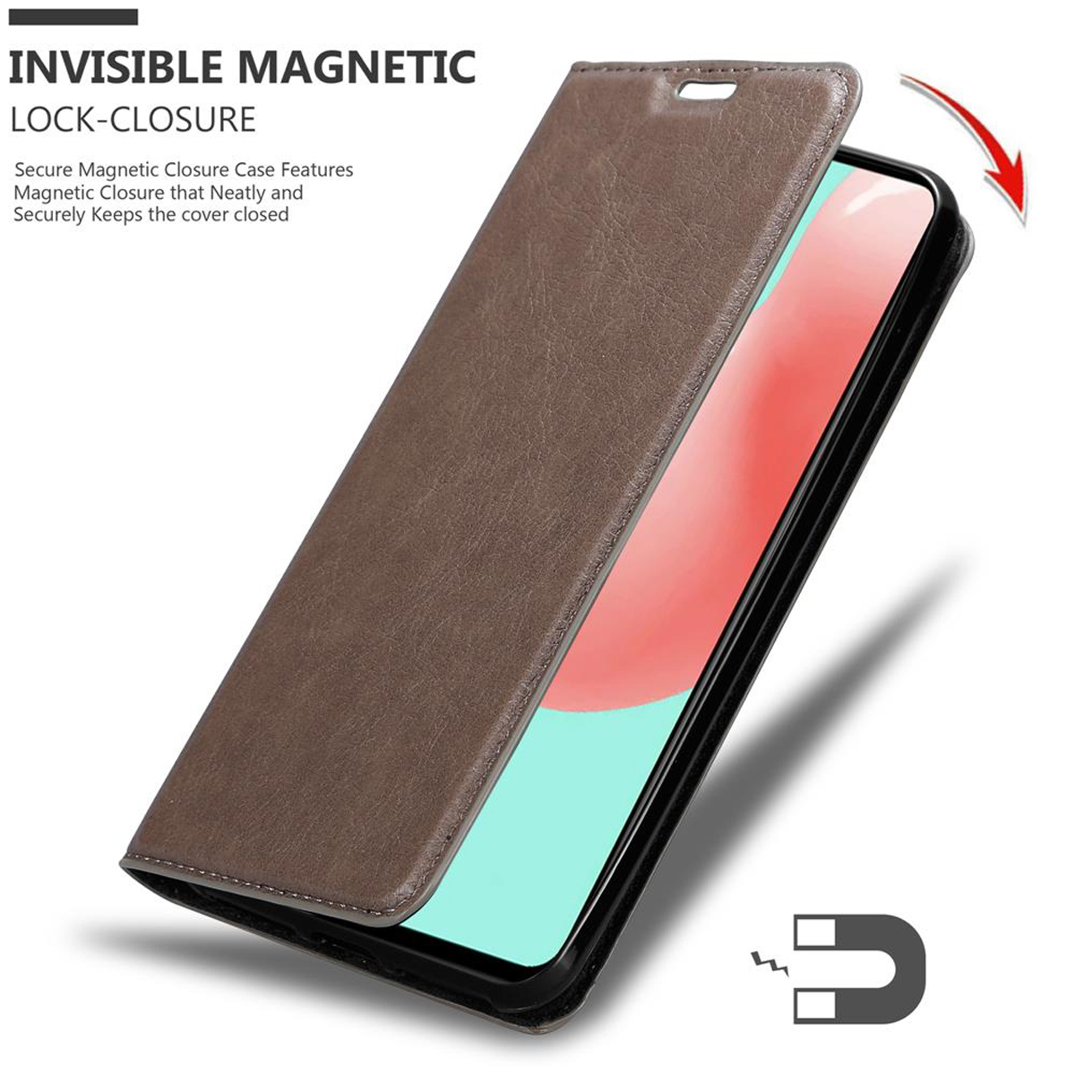 Custodia per telefono in pelle marrone aperta, che rivela un telefono con schermo rosa. Mostrata la chiusura magnetica invisibile.