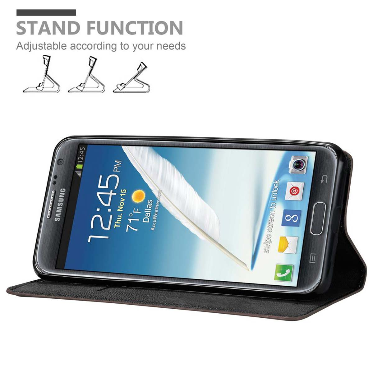 Uno smartphone in una custodia, appoggiato, che mostra l'ora e un'icona meteo.