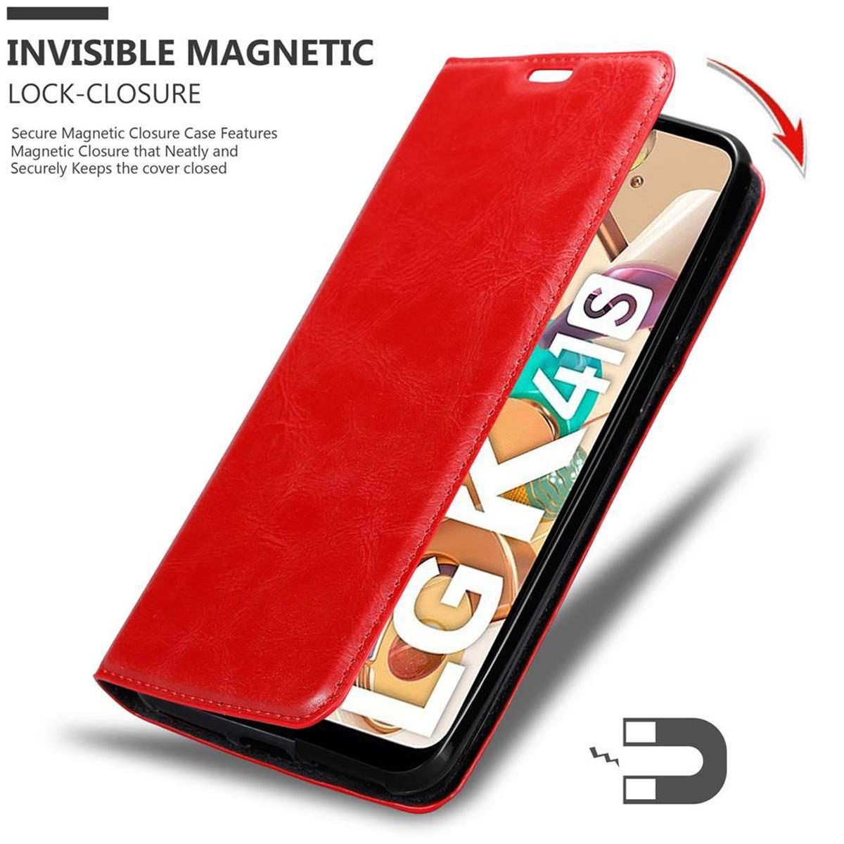 Custodia per telefono rossa, aperta. Il telefono è visibile all'interno. La custodia ha una chiusura magnetica.
