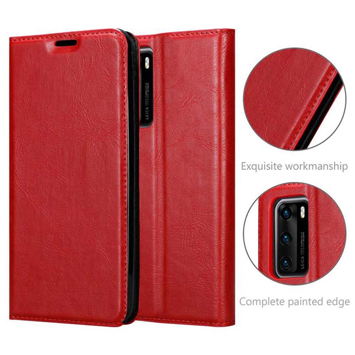 Rote Leder-Handyhülle mit schwarzem Rand, geöffnet, um ein Telefon anzuzeigen, mit Details der Verarbeitung.