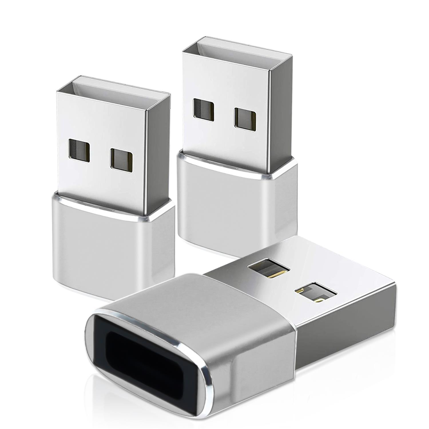 Drei silberne USB-Adapter auf weißem Hintergrund. Sie haben rechteckige Öffnungen.