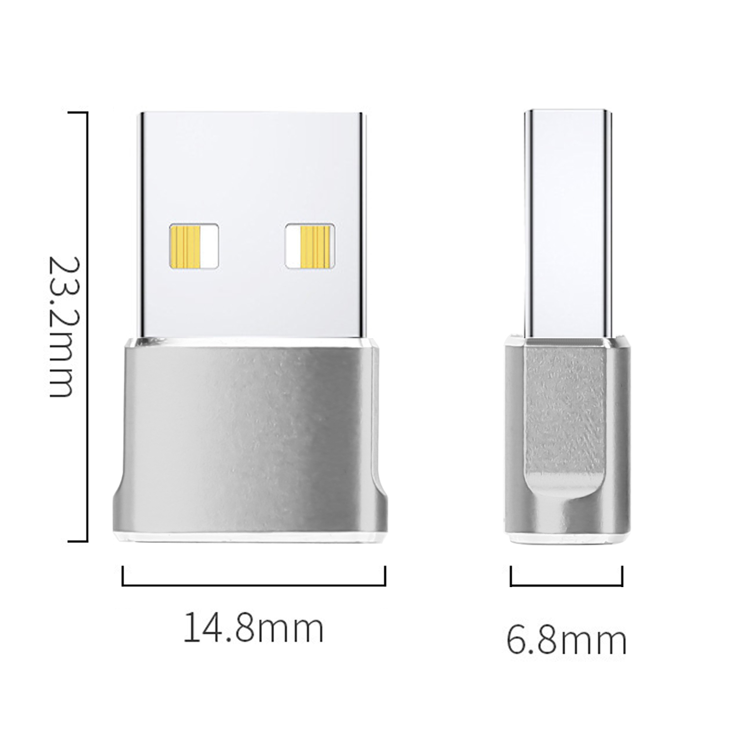 Adaptador USB-A a USB-C plateado. Se muestran dimensiones, con 23.2mm de largo y 14.8mm de ancho.
