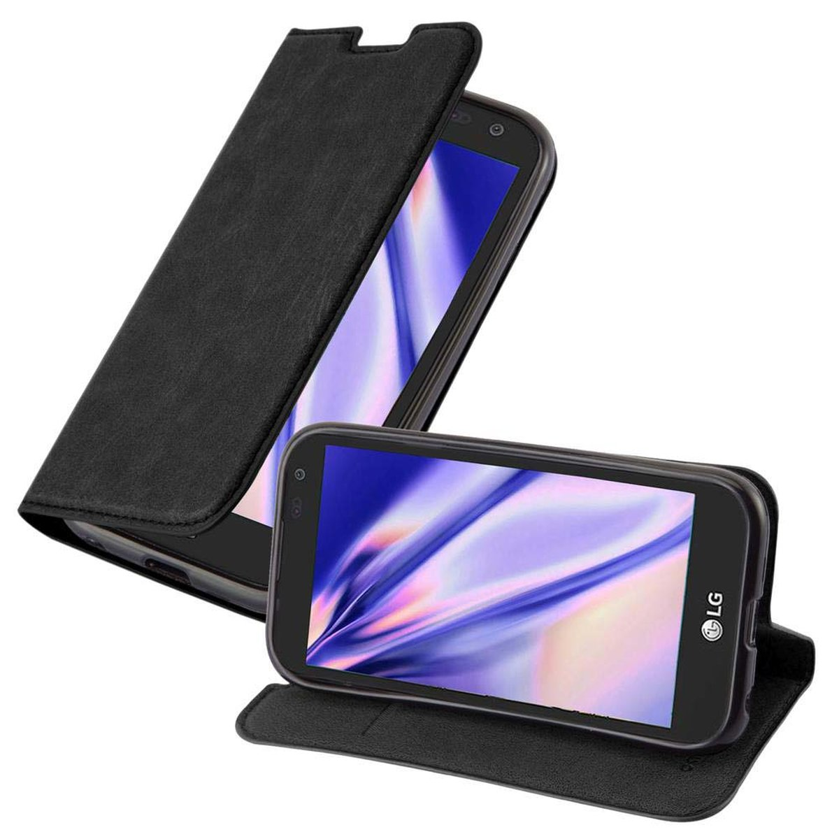 Una funda negra para teléfono está abierta, revelando un teléfono con pantalla oscura, con fondo blanco.