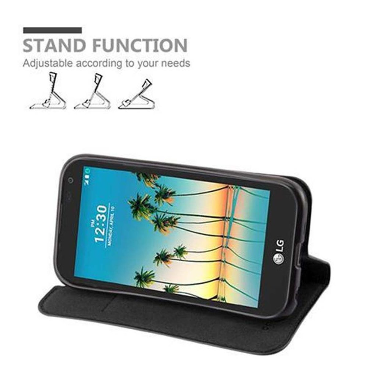Teléfono negro en una funda, apoyado. La pantalla muestra la hora.