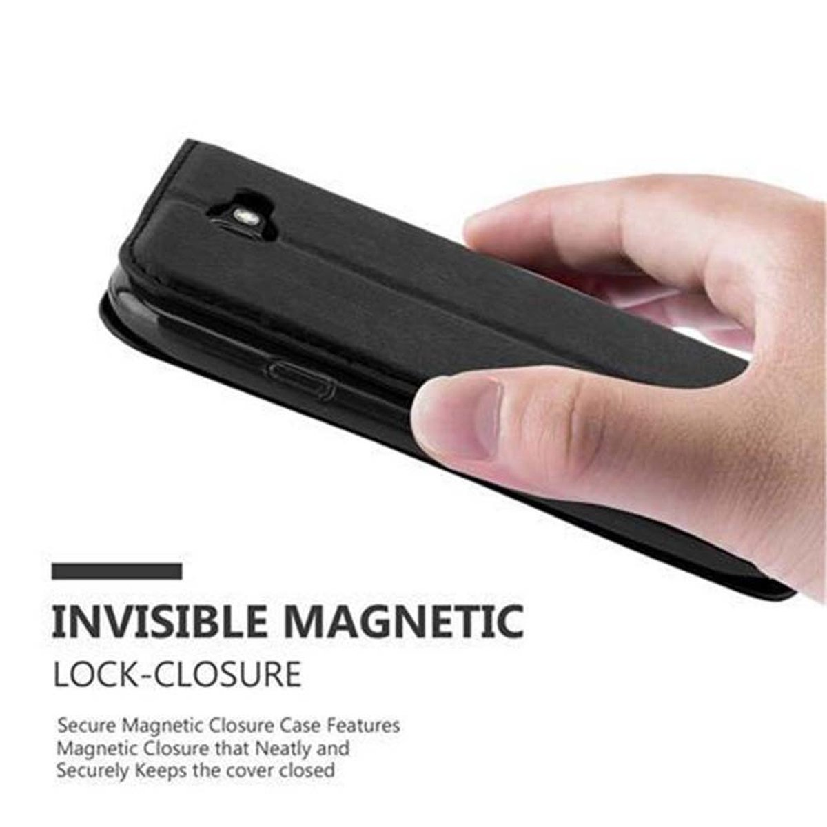 Funda de teléfono negra, parcialmente abierta, con texto: "INVISIBLE MAGNETIC LOCK-CLOSURE".
