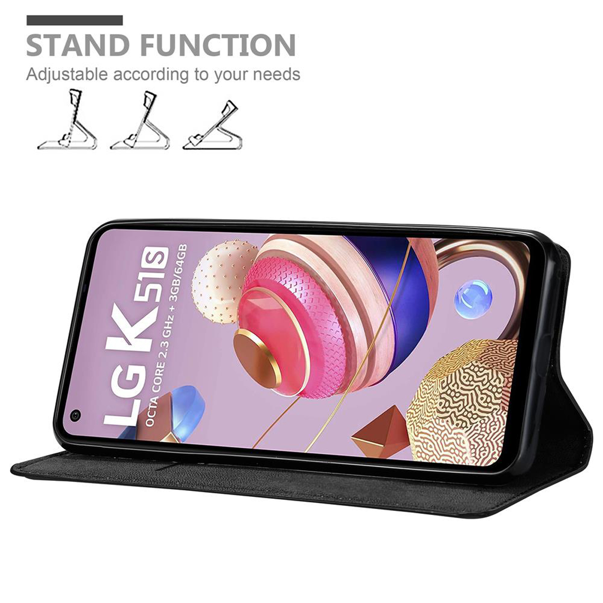 Telefono in custodia nera in modalità stand. Testo: Funzione stand. Sfondo bianco.