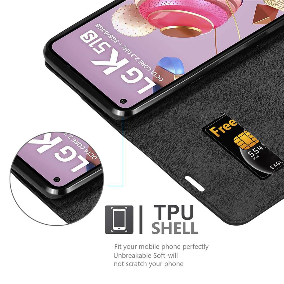 Custodia per telefono nera aperta, che mostra telefono e SIM card. Il telefono mostra testo.