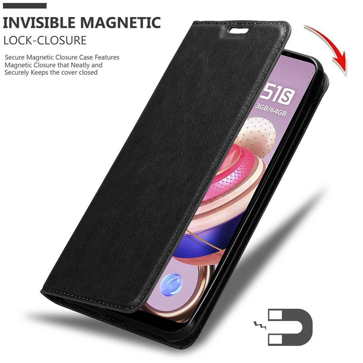 Custodia per telefono in pelle nera, aperta. Un telefono è all'interno, che mostra il suo schermo.