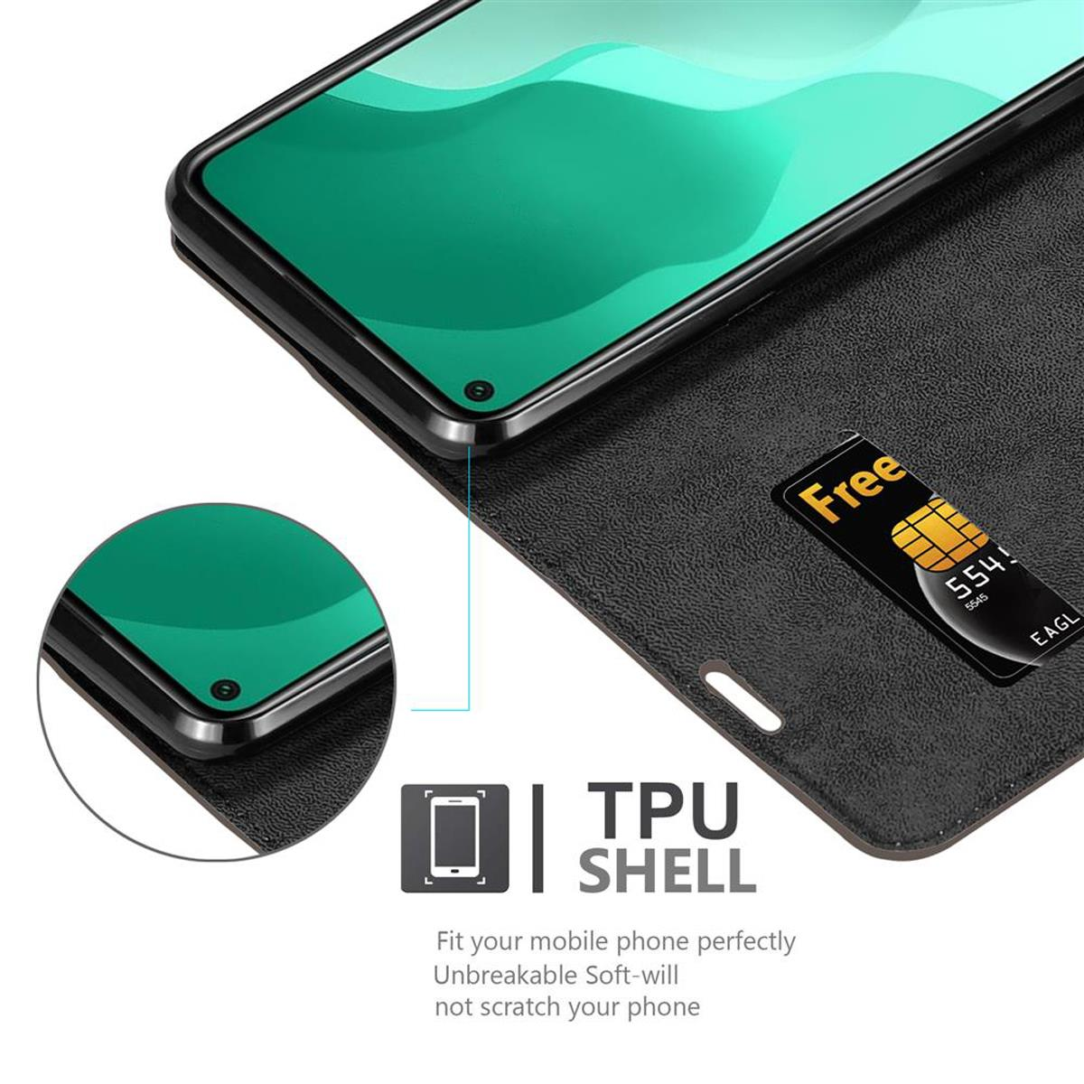 Telefonbildschirm sichtbar in schwarzer Handyhülle, Kartenfach und TPU SHELL-Text. Telefon ist grün.
