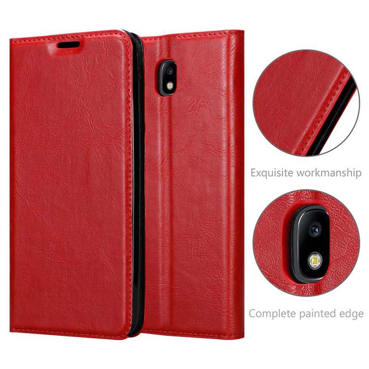Una custodia per telefono in pelle rossa è aperta. I primi piani mostrano cuciture e un ritaglio per la fotocamera. Testo: Lavorazione.