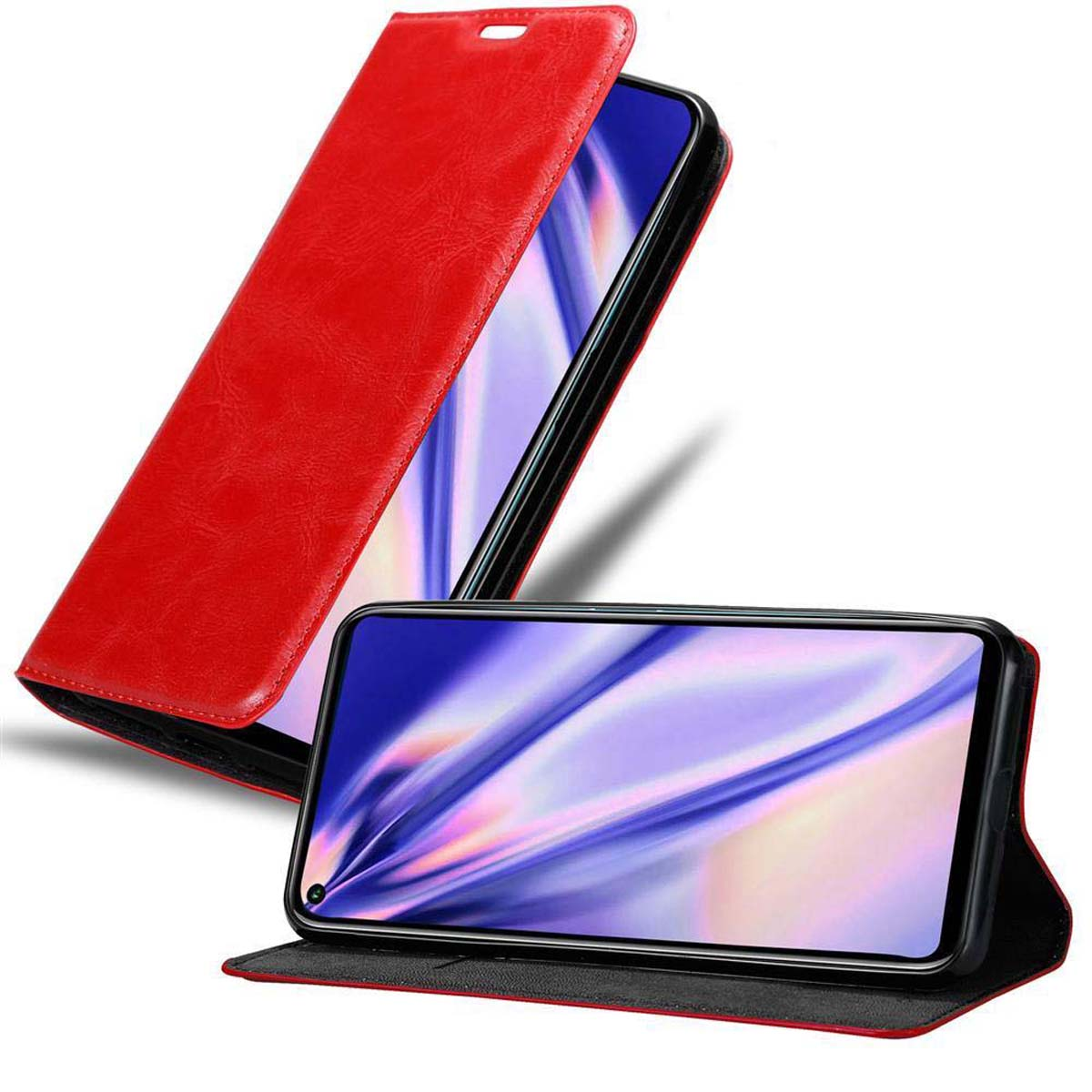 Custodia rossa per telefono, aperta e chiusa. Schermi visibili. Sfondo bianco.