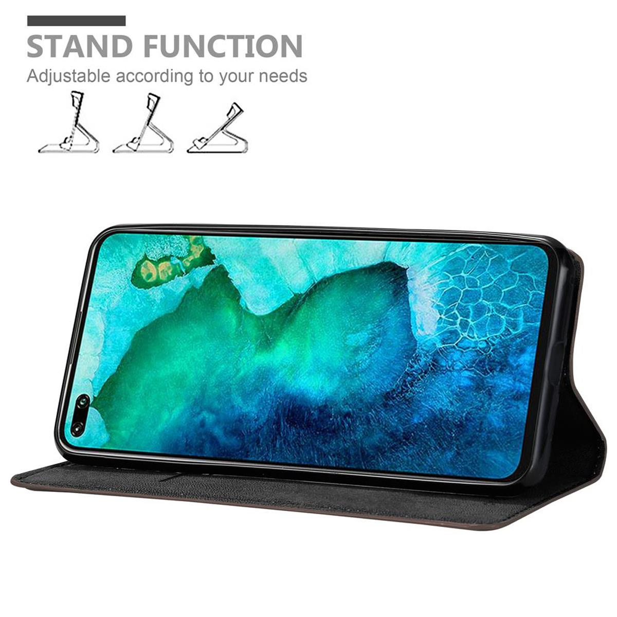 Ein Telefon in einer schwarzen Hülle, auf weißer Oberfläche, mit Symbolen für die Ständerfunktion.