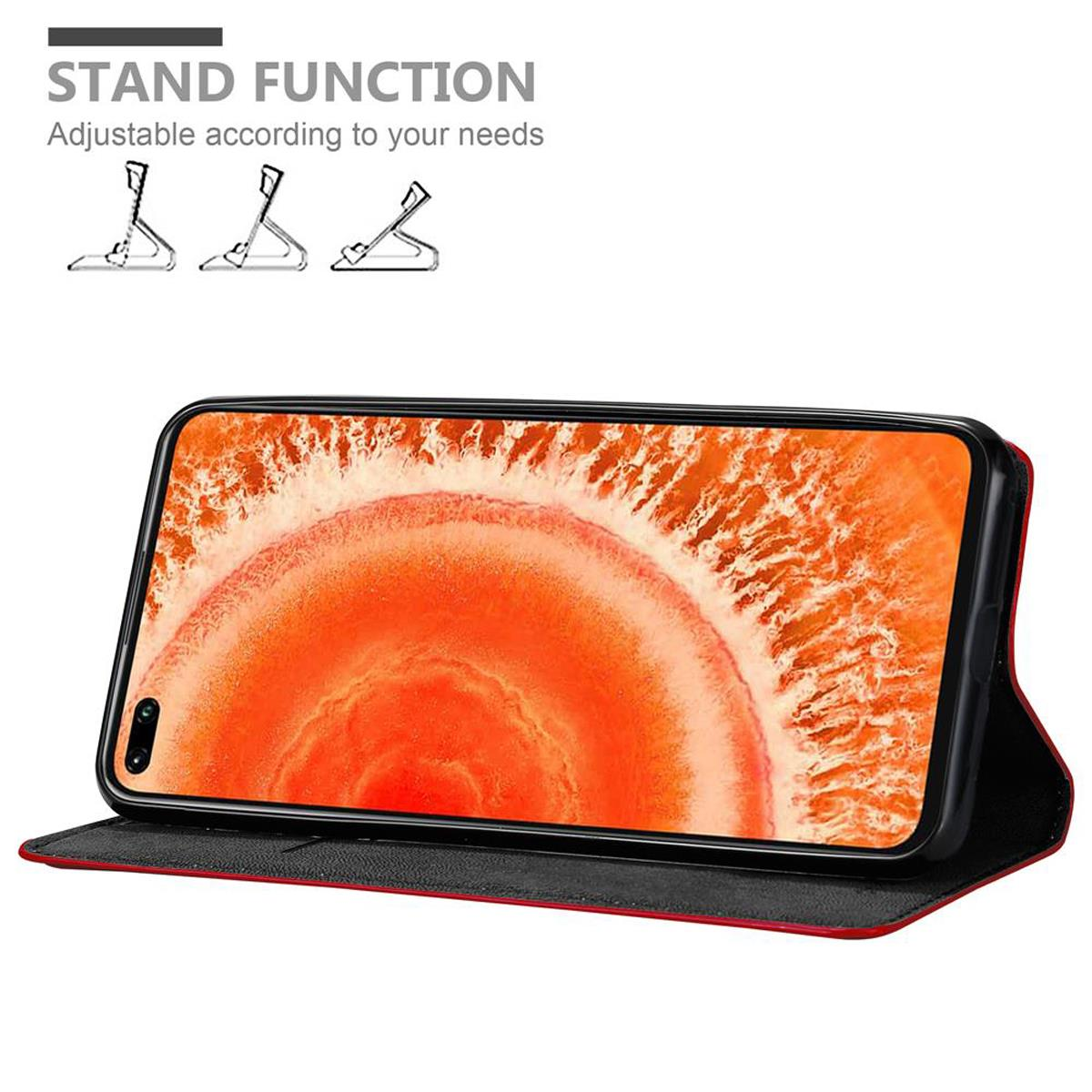 Custodia per telefono con telefono all'interno e funzione stand. La custodia è aperta e su sfondo bianco.