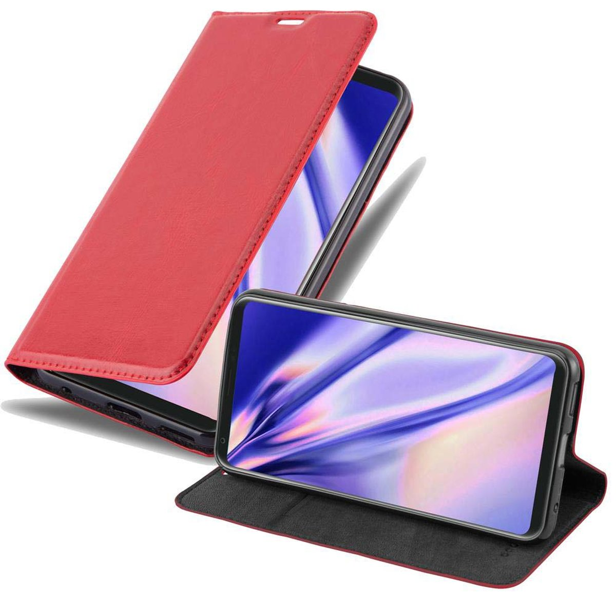 Rote Handyhülle mit Telefon, auf weißem Hintergrund.