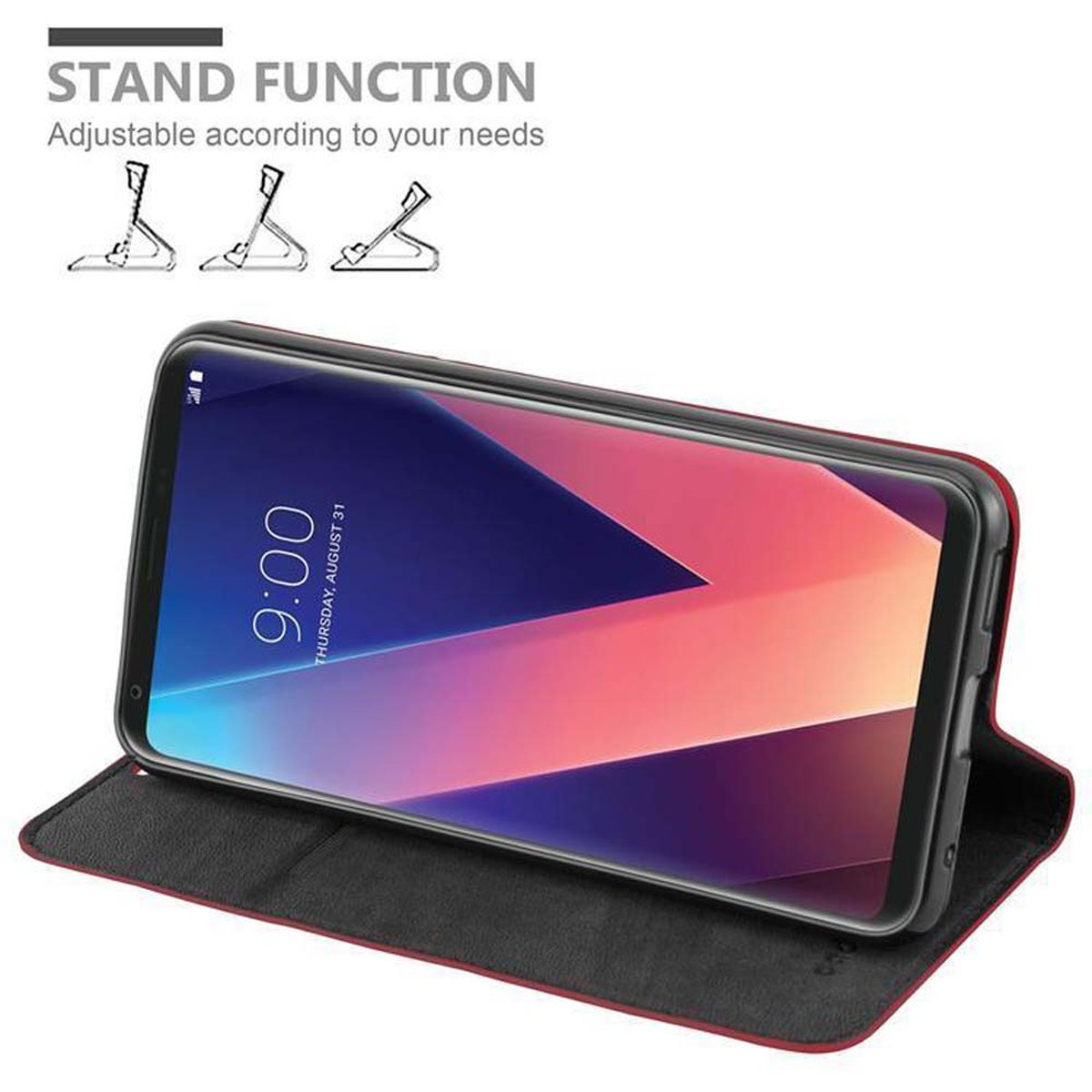 Ein Telefon, das einen Startbildschirm anzeigt, von einer Hülle mit Standfunktion aufgestellt.