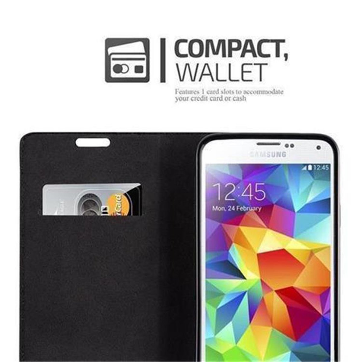 Funda negra para teléfono con ranura para tarjeta, mostrando la pantalla y una tarjeta de crédito.