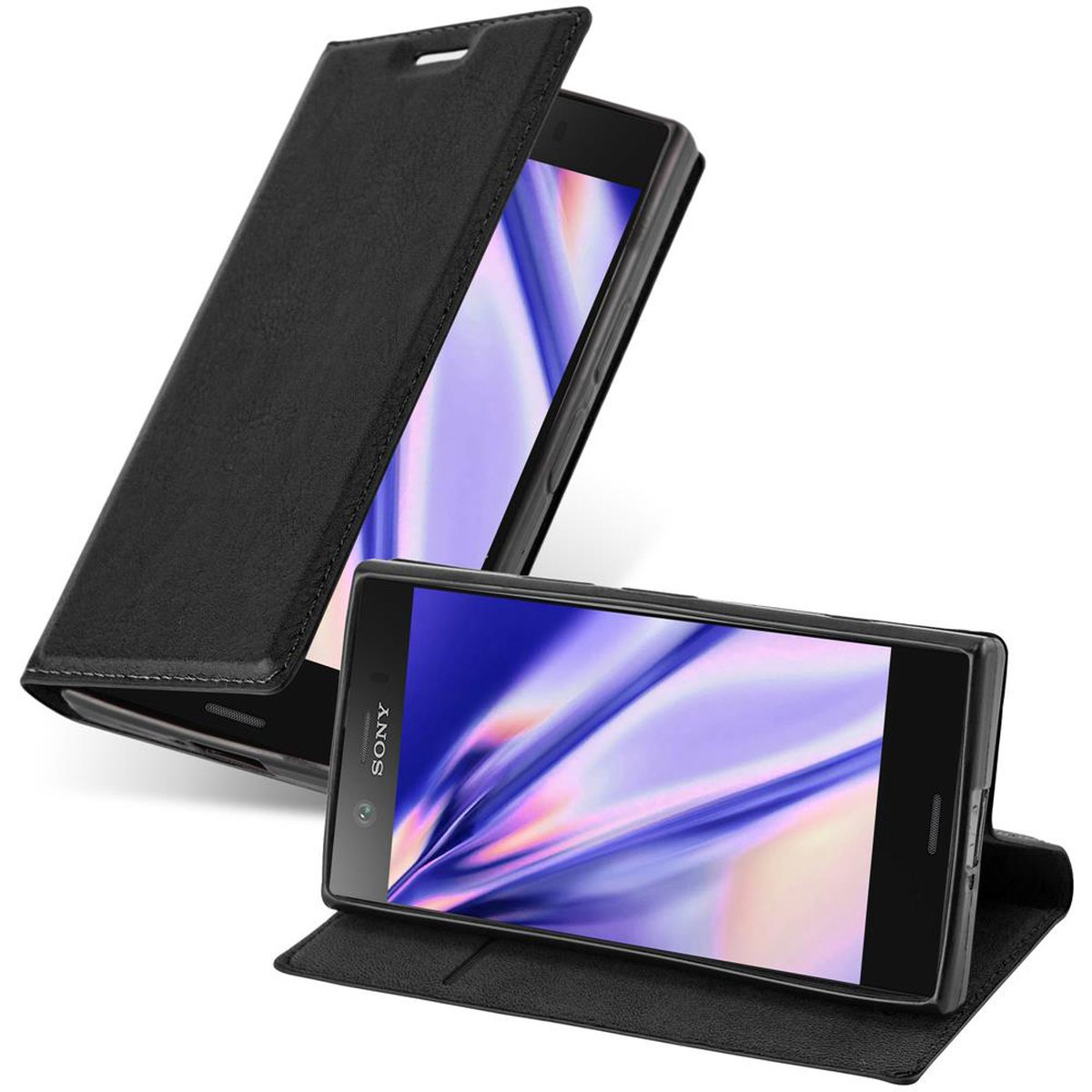 Eine schwarze Leder-Handyhülle mit einem Telefon darin und ein Telefon, das auf der Seite liegt.