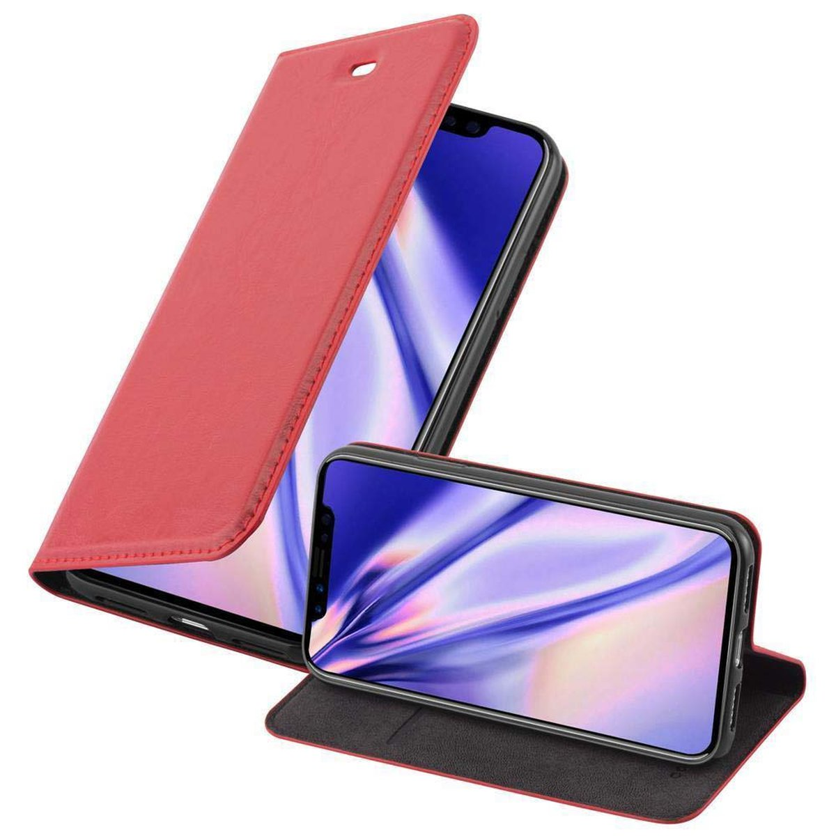 Eine rote Handyhülle ist geöffnet, mit einem Telefon darin und einem davor. Der Telefonbildschirm ist sichtbar.