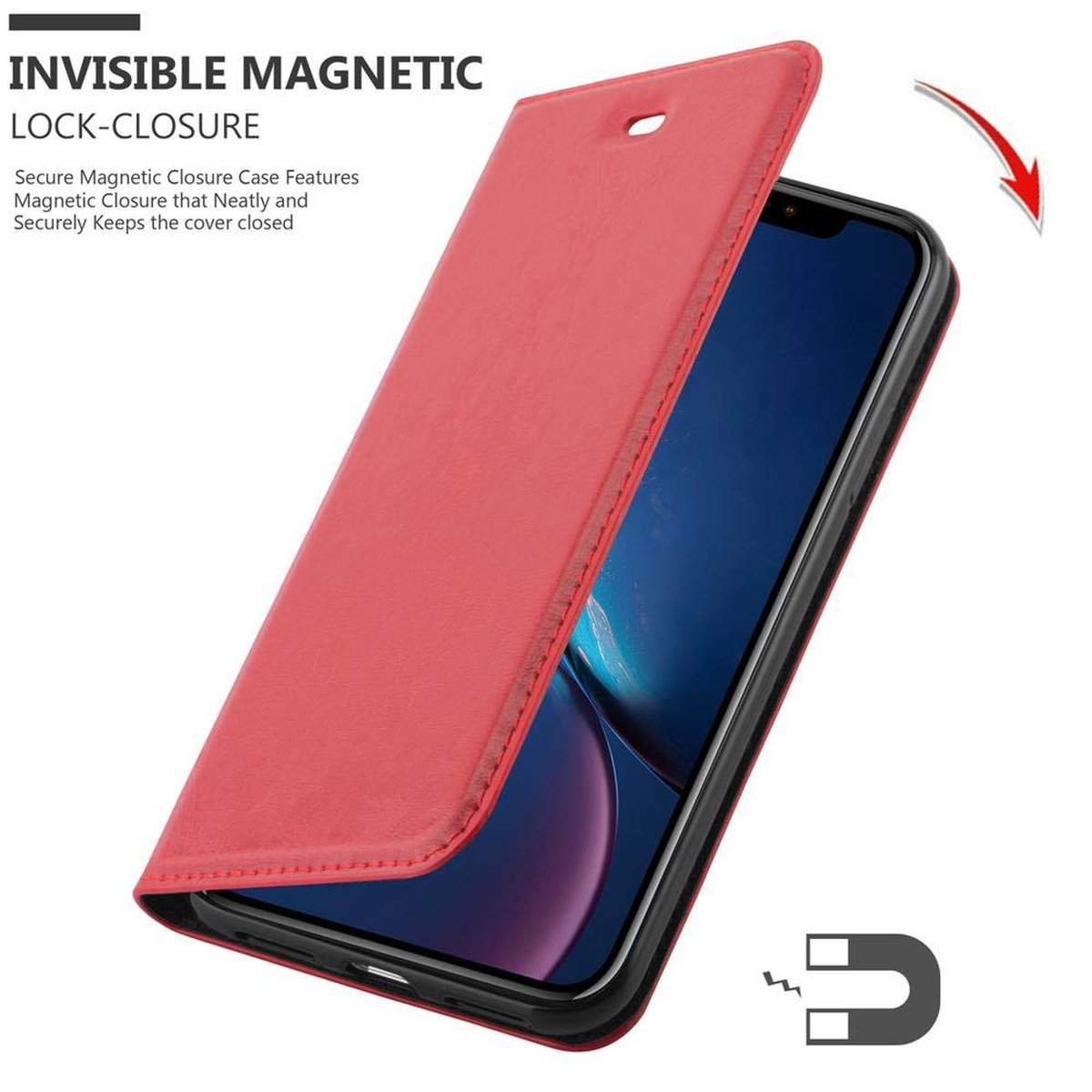 Geöffnete rote Handyhülle mit Telefon. Die Hülle hat einen Magnetverschluss.