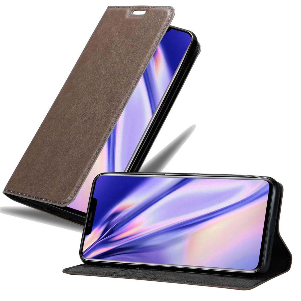 Hellbraune Handyhülle geöffnet mit Telefon. Das Telefon zeigt farbenfrohes Display. Die Hülle ist lederartig.