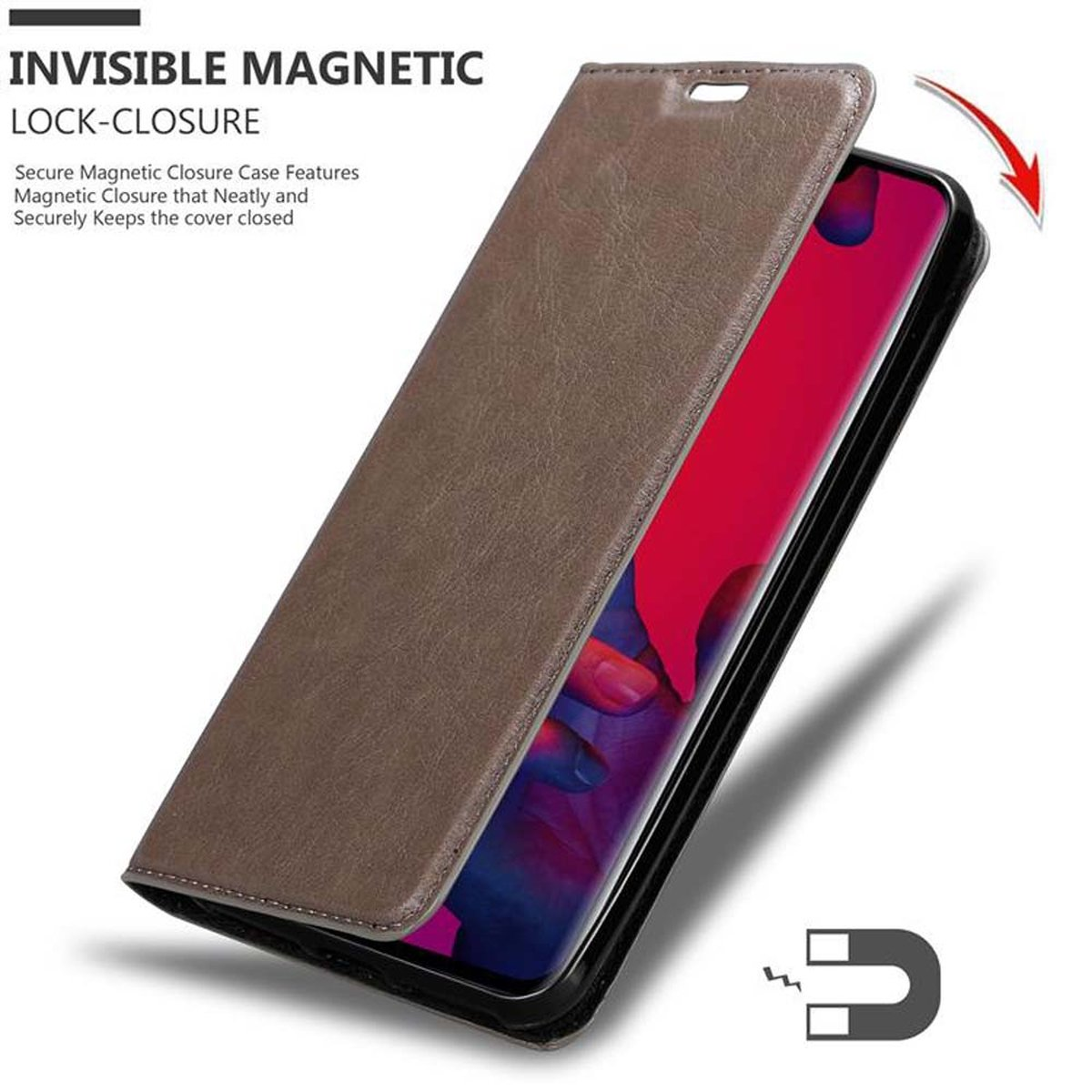 Eine braune Handyhülle ist geöffnet und zeigt einen roten Telefonbildschirm. Das Case hat einen Magnetverschluss.