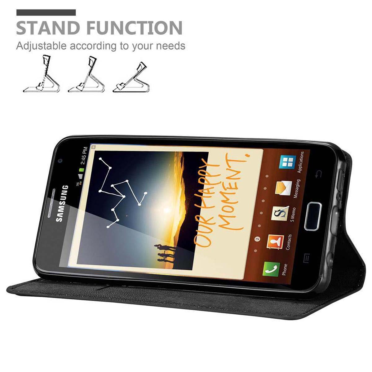 Una custodia per telefono con funzione stand viene mostrata con un telefono visualizzato.