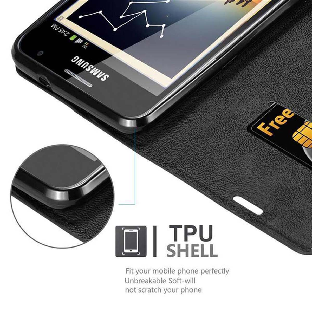 Un telefono in una custodia nera. La custodia ha uno slot per schede e un guscio in TPU.