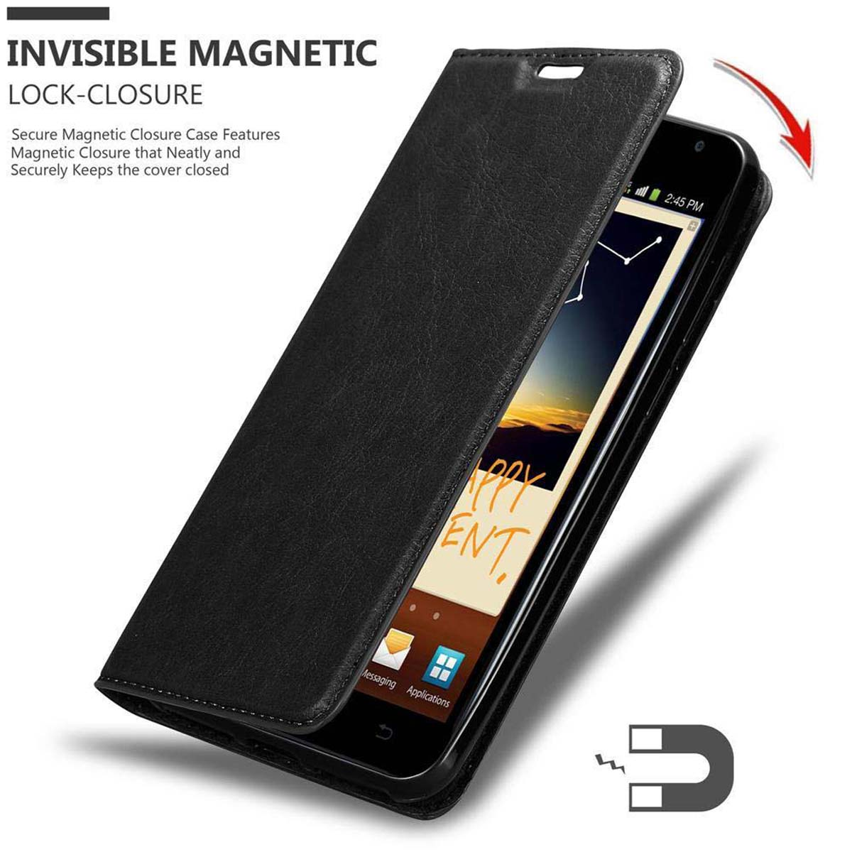 Custodia per telefono in pelle nera aperta. Telefono in posizione. Testo: INVISIBLE MAGNETIC LOCK-CLOSURE.