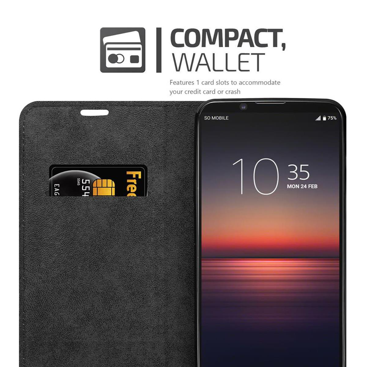 Telefon in schwarzem Etui mit Karte und Geldfach.