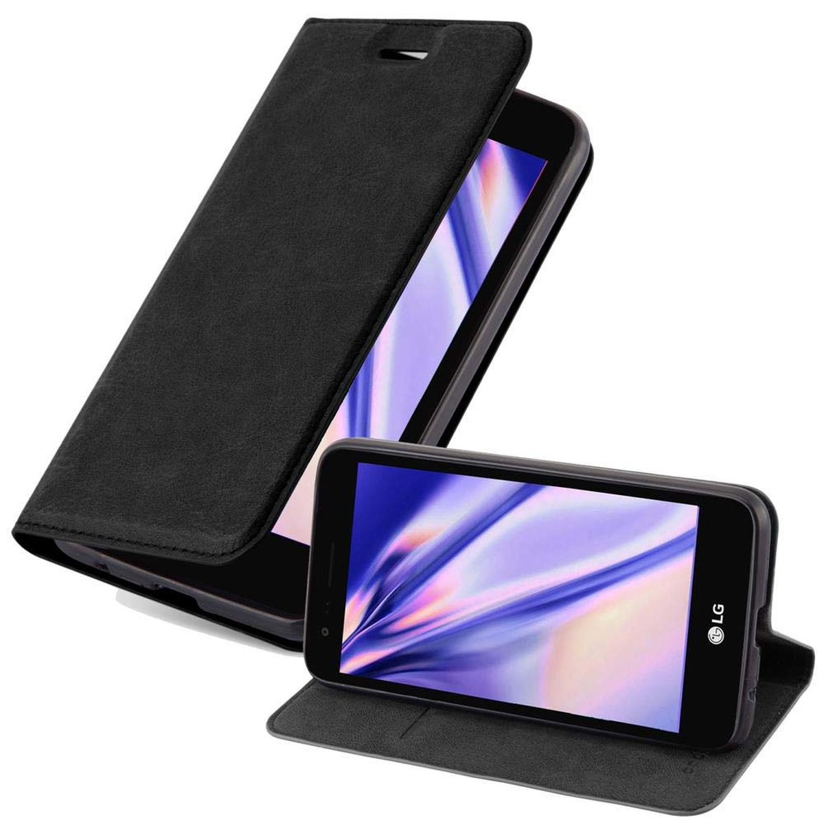 Funda de teléfono de cuero negro abierta, con teléfono. Segundo teléfono abierto en la superficie.