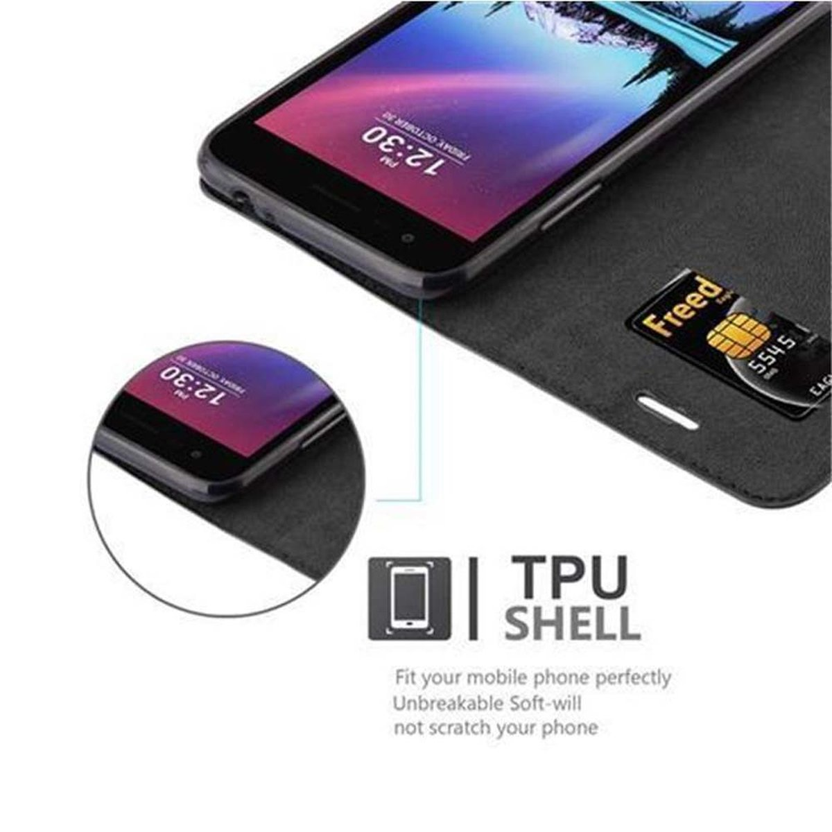 Funda de teléfono con teléfono. Porta tarjetas SIM. Superposición de texto. Blanco.