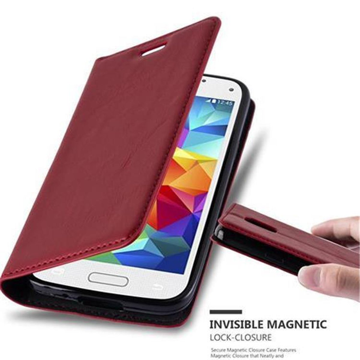 CADORABO Book Galaxy S5 APFEL Bookcover, Samsung, S5 MINI / MINI DUOS, Hülle Invisible ROT Magnet