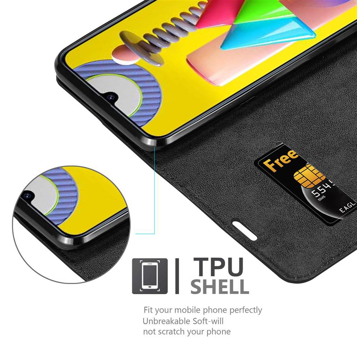 Custodia per telefono aperta, mostra telefono con fessura per scheda. Funzione guscio TPU visualizzata.