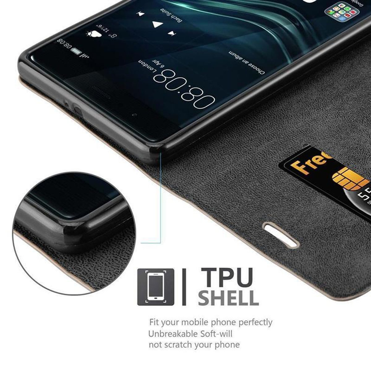 Telefono nero in una custodia con slot per schede. Dettagli dello schermo e di una scheda. Testo: TPU SHELL.