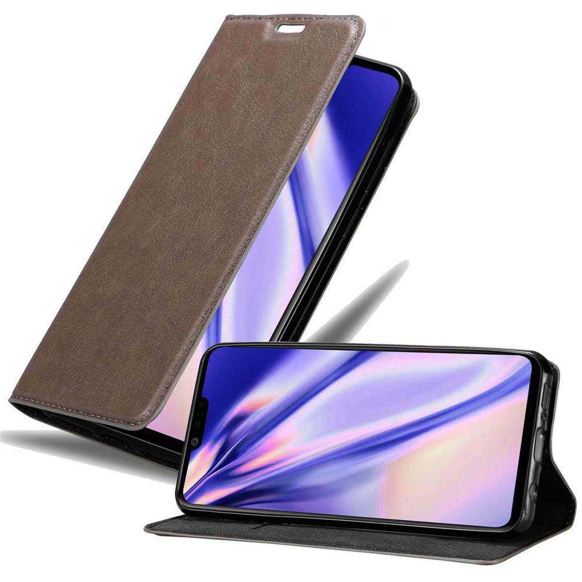 Braune Handyhülle mit einem Telefon. Weißer Hintergrund.