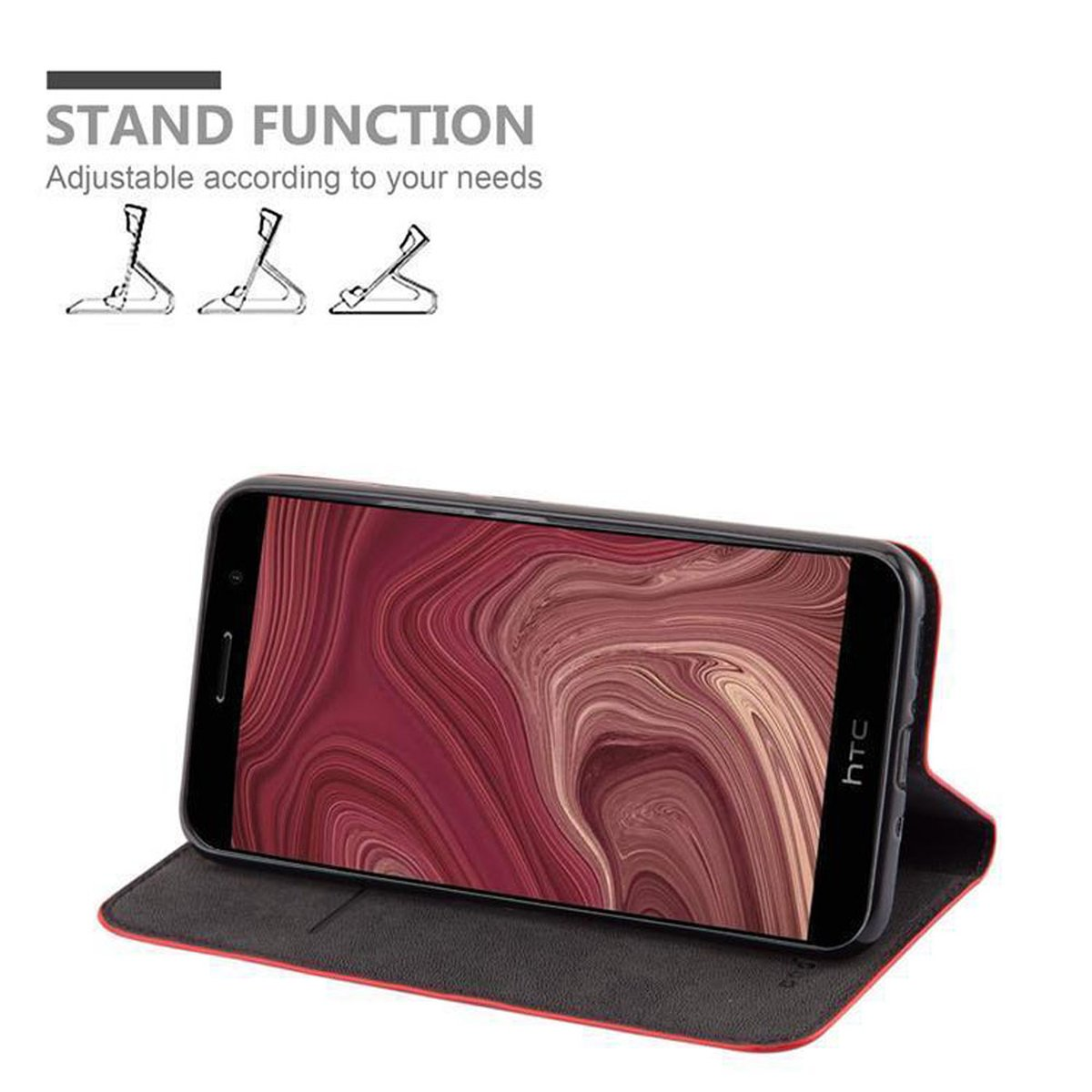 Telefon in schwarzem Etui. Etui offen, zeigt Bildschirm. Standfunktion mit mehreren Winkeln.