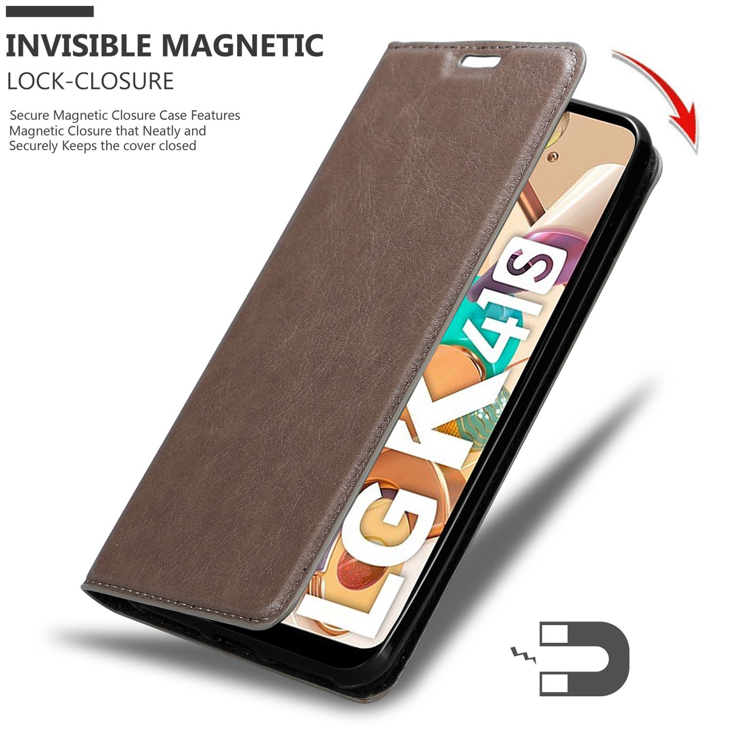 Custodia per telefono marrone aperta, con chiusura magnetica e telefono all'interno.