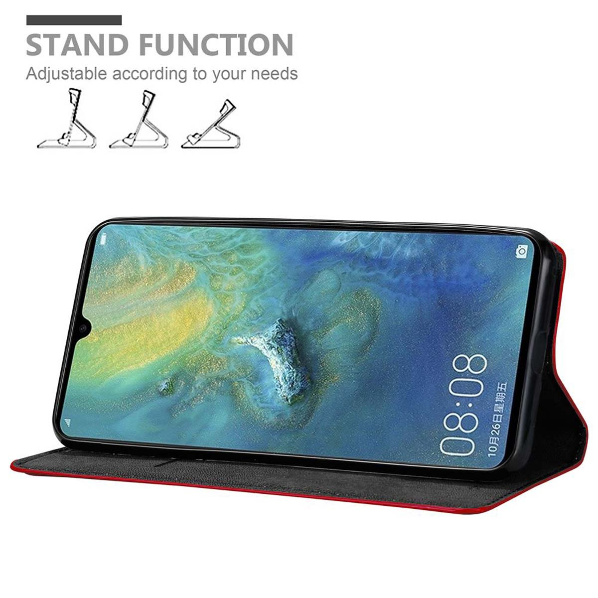 Custodia rossa per telefono con telefono che mostra un paesaggio. La custodia è aperta e mostra la funzione stand.