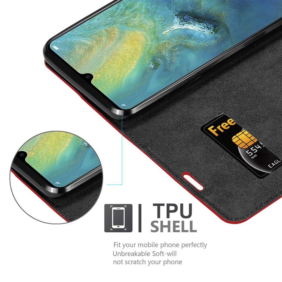 Smartphone in una custodia a portafoglio, che mostra i dettagli della carta e del telefono. Interno rosso e nero.