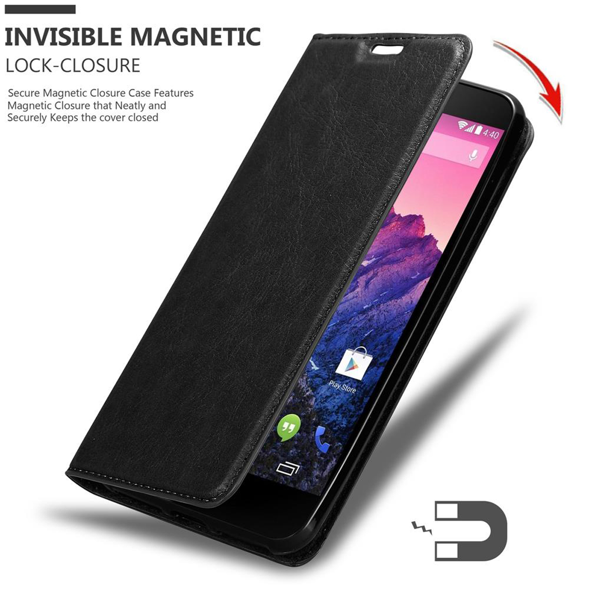 Custodia nera aperta, mostra schermo. Chiusura magnetica mostrata.