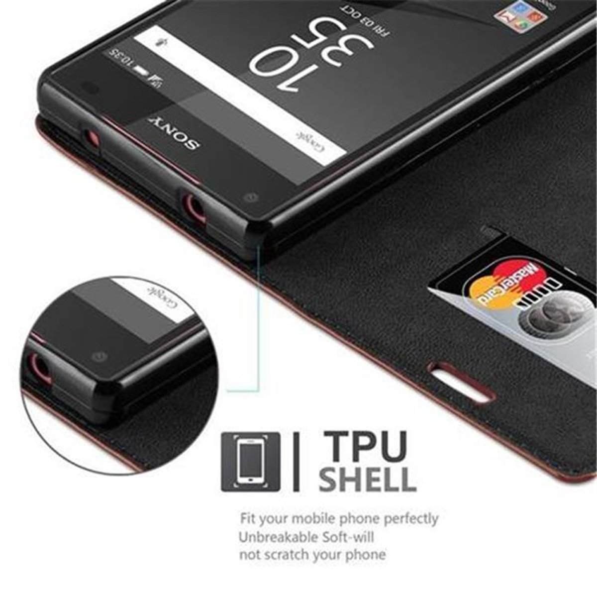 Telefono nero in custodia rossa, Mastercard visibile. La custodia è aperta, schermo visibile.