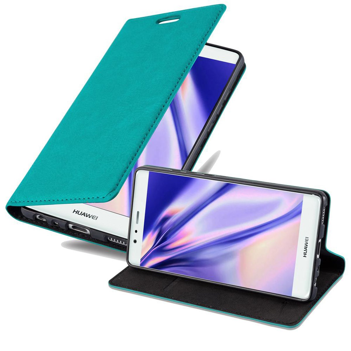 Una funda de teléfono color turquesa con un teléfono dentro. Está abierta, mostrando el teléfono y su pantalla.