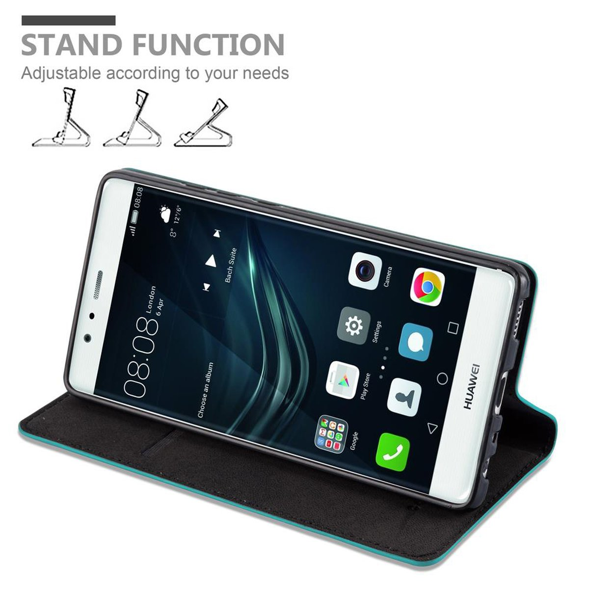Un teléfono Huawei en una funda abierta. El teléfono muestra la hora y las aplicaciones. Se muestran los iconos de la función de soporte.