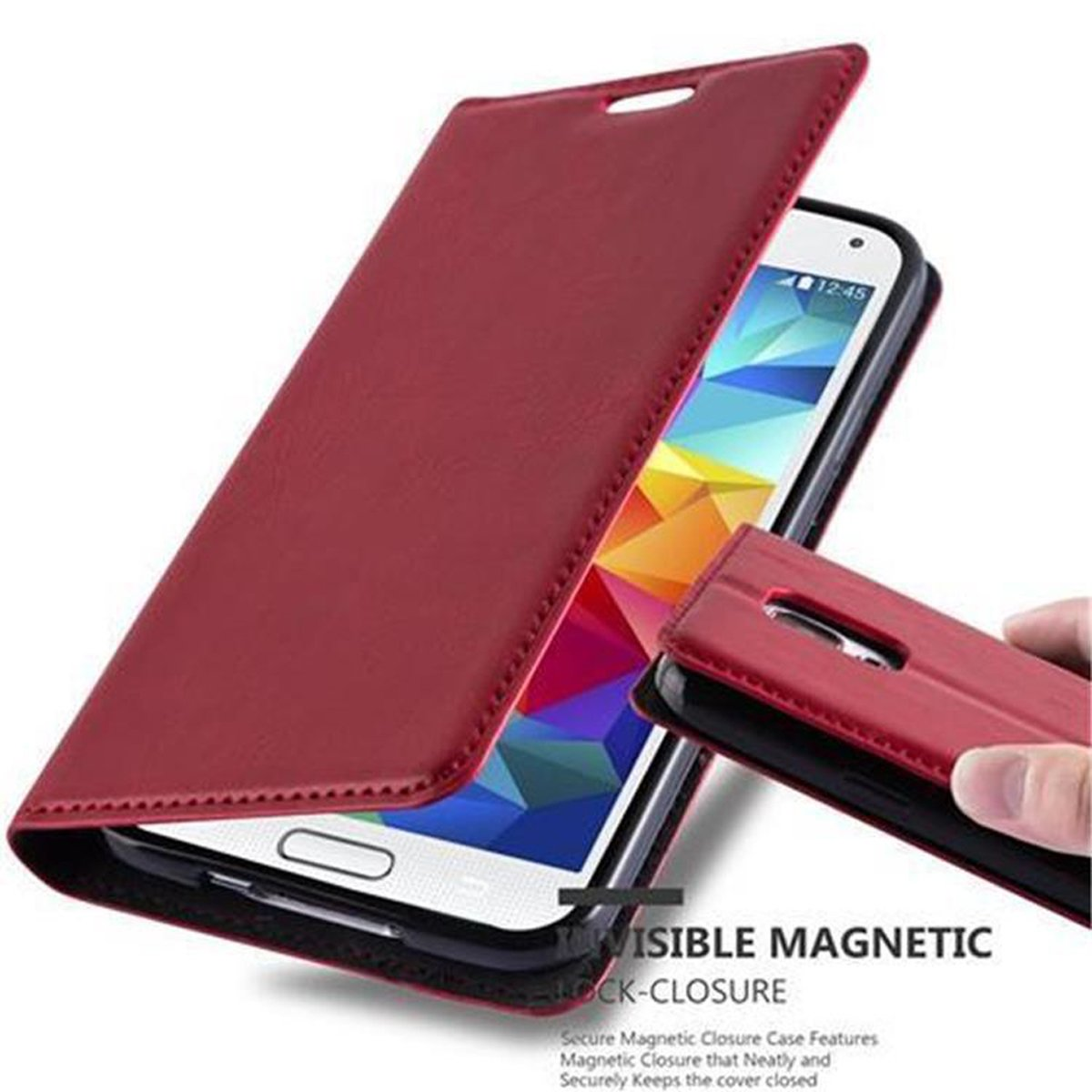 Una funda roja para teléfono está abierta, con un teléfono dentro. Una mano sostiene la parte de cierre.