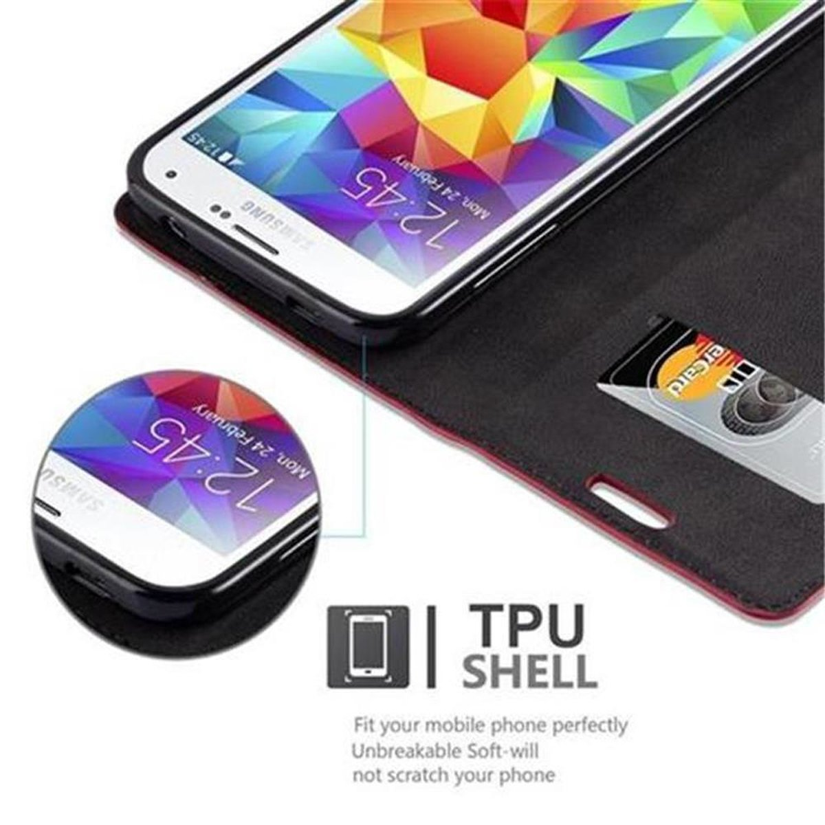 Teléfono en funda. Teléfono muestra 12:45. Texto: Carcasa TPU. Ajuste perfecto.