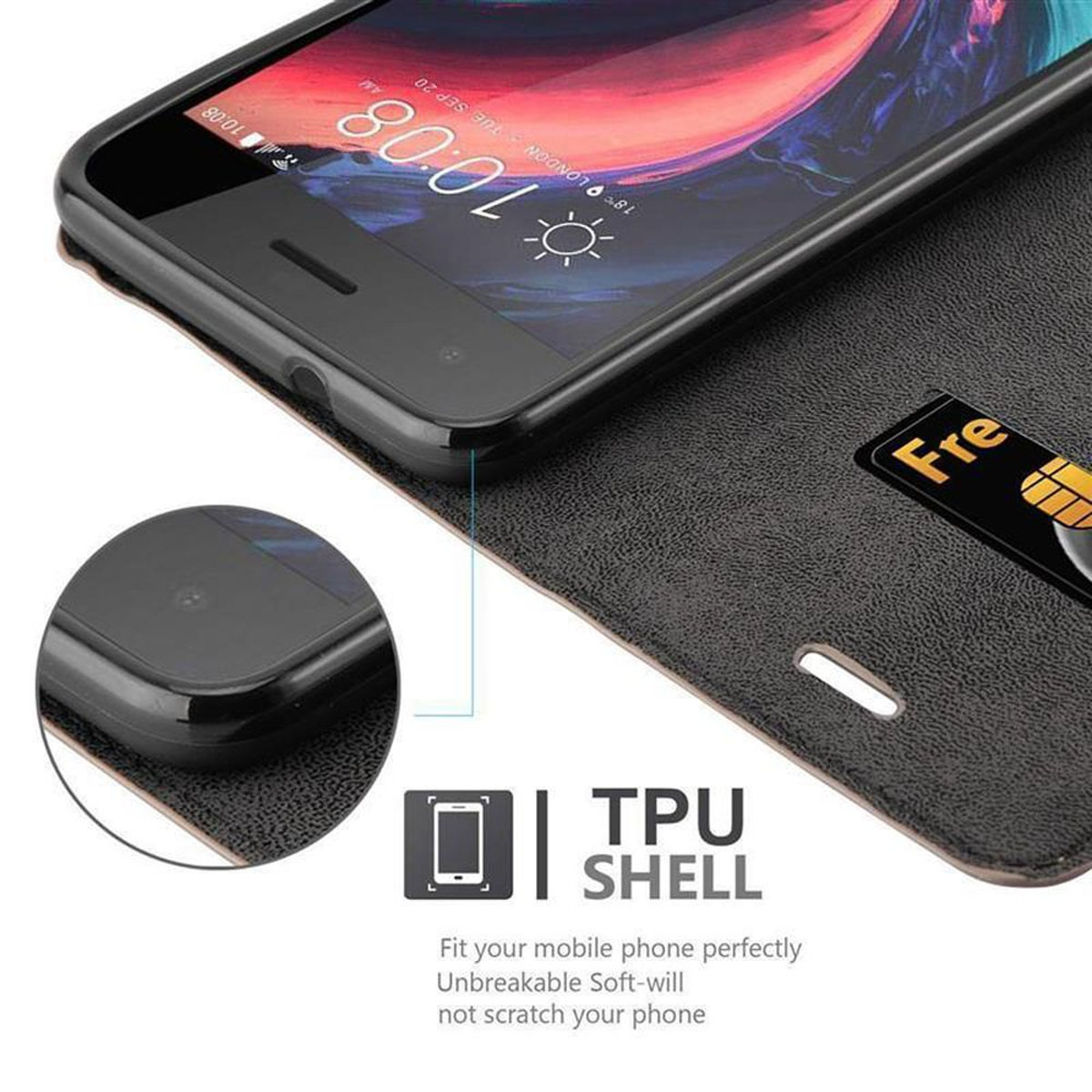Un telefono in una custodia con fessura per carte. Lo schermo del telefono mostra un orologio.